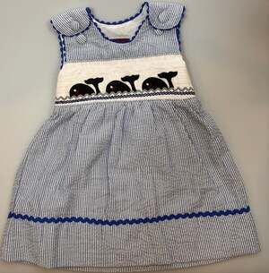 Lil Cactus Smocked Whale Dress Baby Girl 3-6M Blue Seersucker Nautical